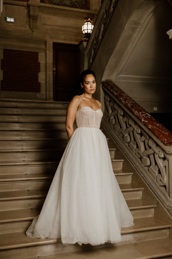 Robe de mariée Venus Maite Bailleul 2025 bustier structuré tulle bretelles jupe trapèze