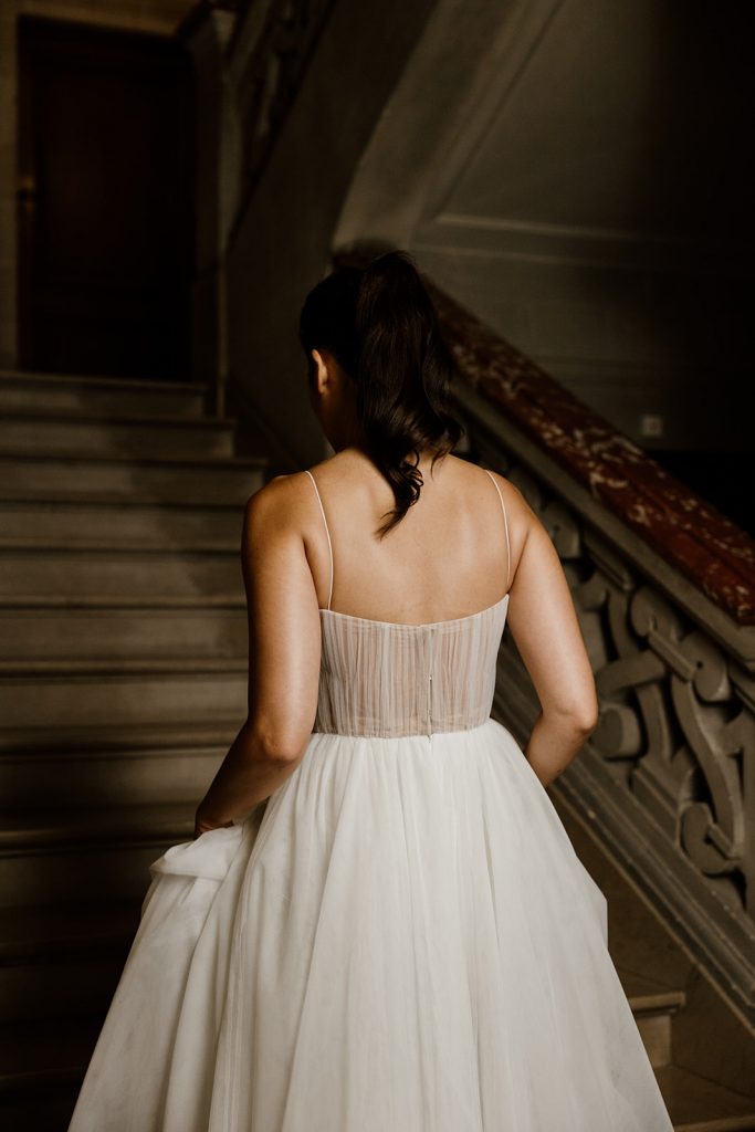 Dos robe de mariée Venus Maite Bailleul 2025 bustier structuré bretelles fines jupe trapèze