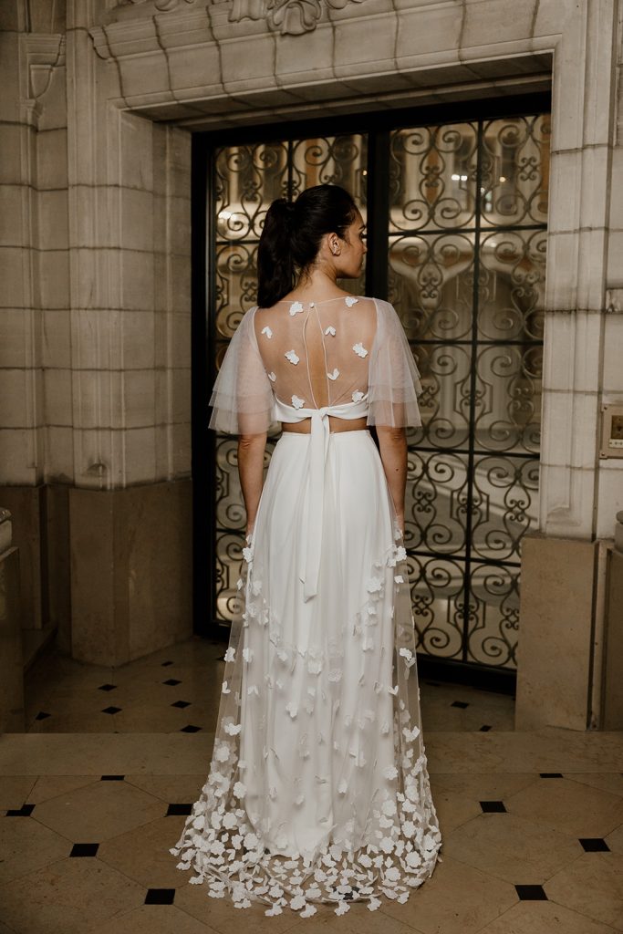 robe de mariée Petra Maite Bailleul 2025 dos surblouse organza appliqués floraux