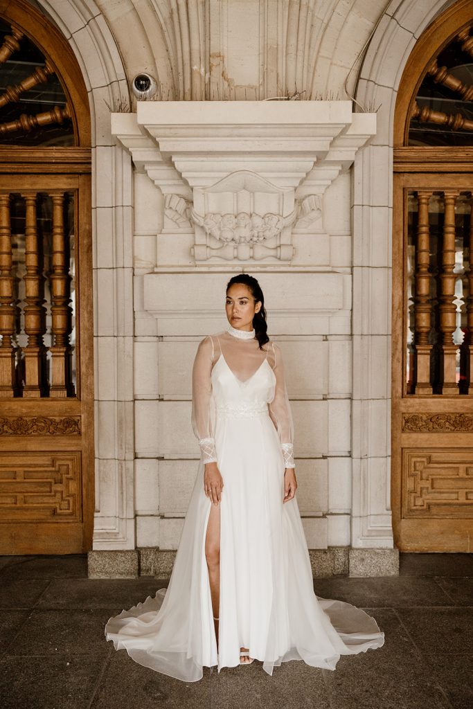 Robe de mariée Olympia Maite Bailleul 2025 surblouse organza manches longues fente jambe