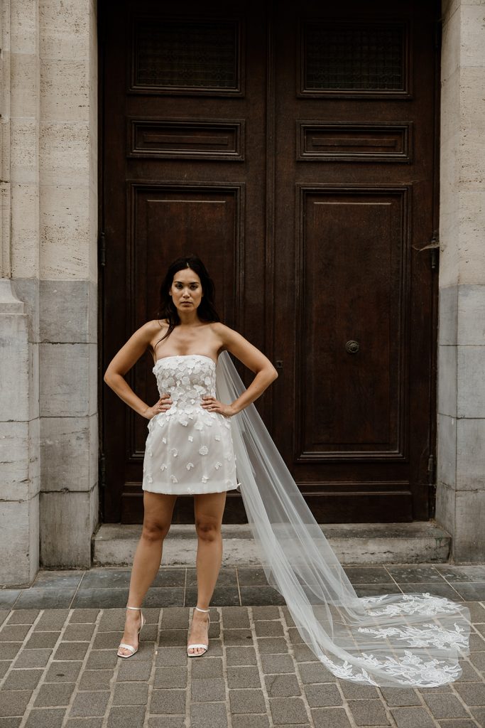 Robe civile bustier Lily avec son voile brodé Lisa