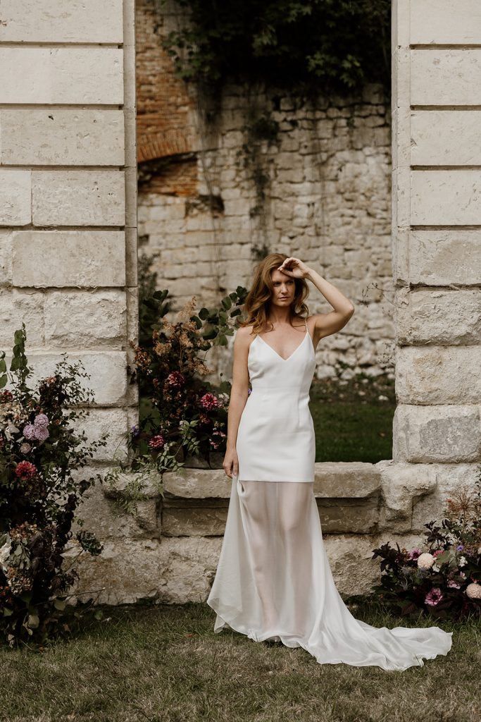 slipdress en crepe et mousseline de soie décolleté V et fines bretelles
